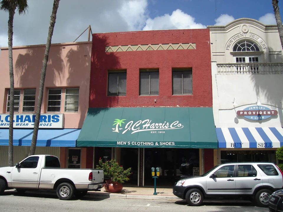 Historic downtown shops on Clematis Street in West Palm Beach, Florida; regional context, no mold job or office depicted